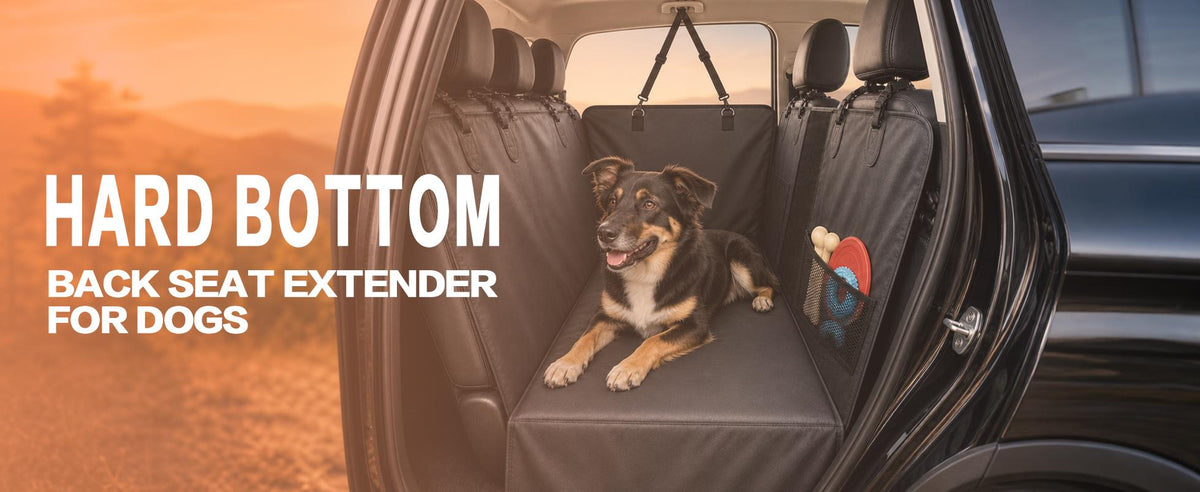 PU leather hard-bottom dog back seat extender installed across a rear seat
