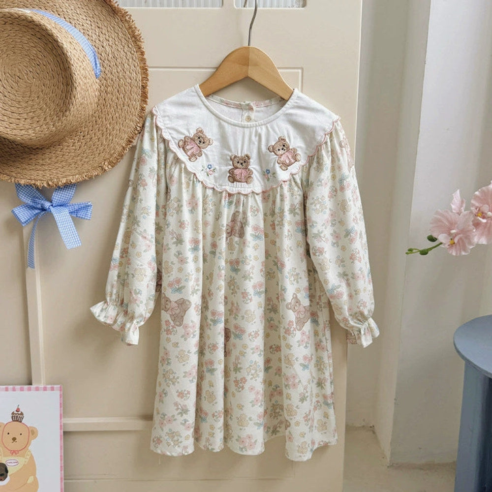 MyKids-USA Girls Floral and Teddy Bear Dress